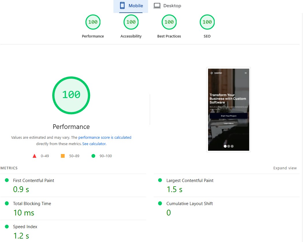 Google PageSpeed Insights report showing excellent performance scores
